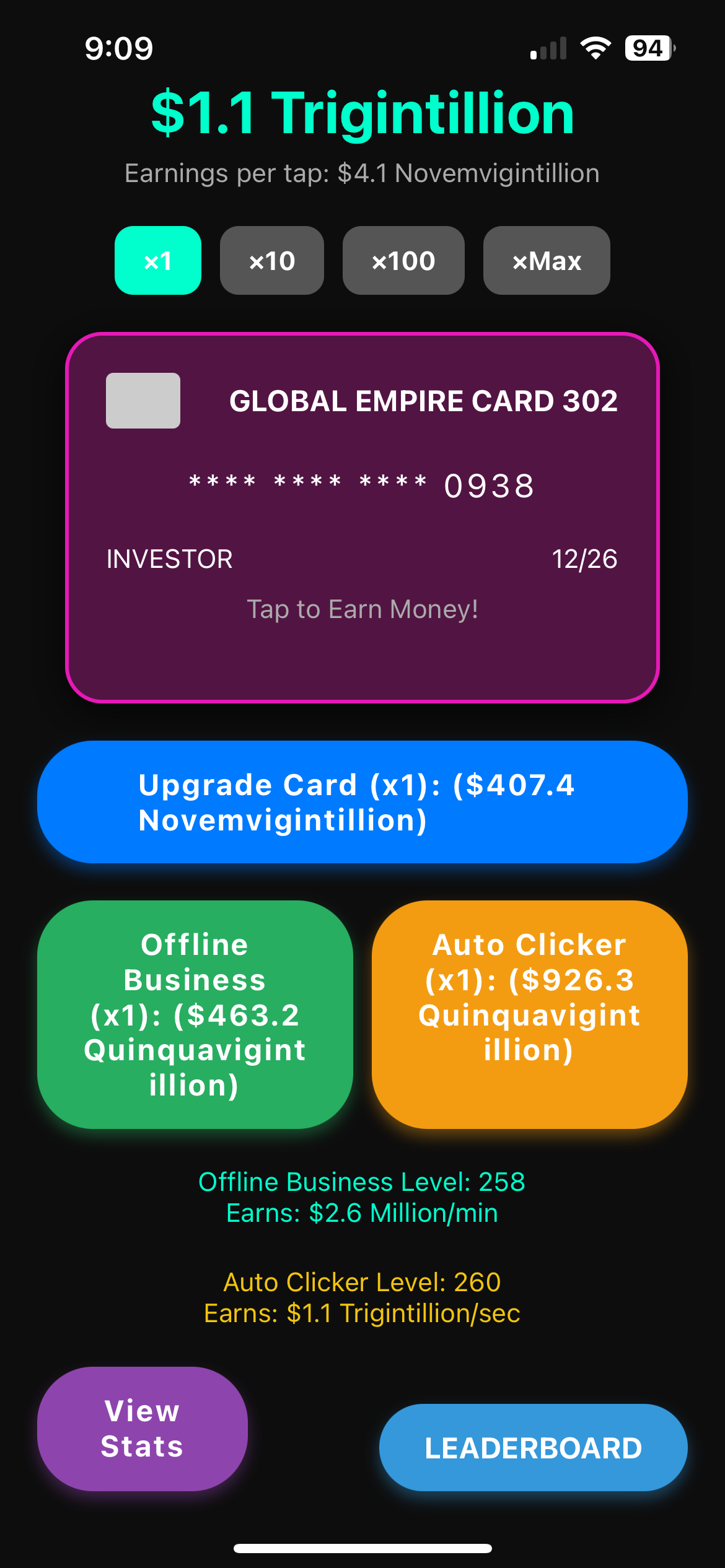 WealthFlow clicker game interface